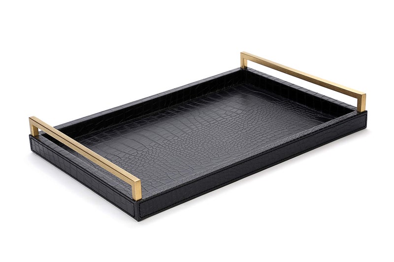 WV 17.8X 11.8 Leather Ottoman Tray, Big Serving Tray with Brushed Gold Handles for Bars, Parties, Dinning, Decorative Tray for Modern Home Decor, Bathroom Vanity (Black) - Image 1